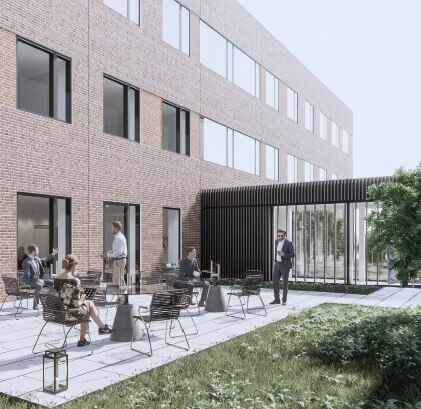 An illustrated exterior view of the Omega Company House, Skejby. Photo/illustration: N/A